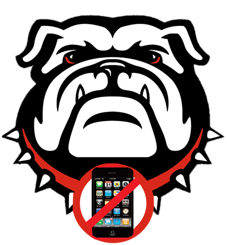 clipart image of a bulldog head with a cellphone crossed out in the dog collar